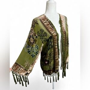 Aris.A Green Velvet Beaded Kimono with tassel fringe and silk accents